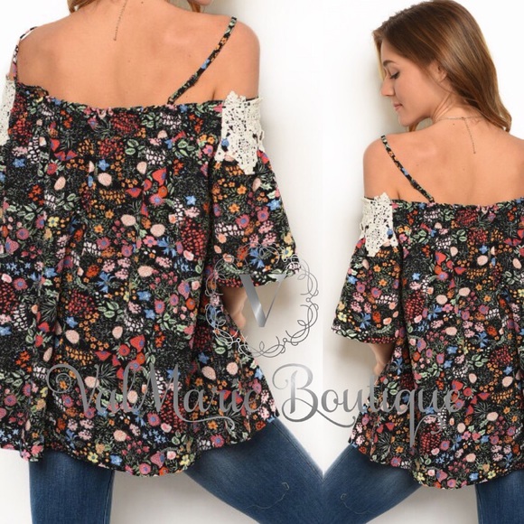 ONLY 2 LEFT Crochet trim floral off shoulder top - Picture 2 of 3